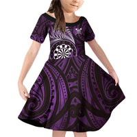 Personalised New Zealand Darts Family Matching Off Shoulder Short Dress and Hawaiian Shirt Maori Koru Dartboard Purple Flame
