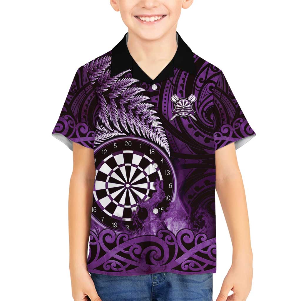 Personalised New Zealand Darts Family Matching Off Shoulder Short Dress and Hawaiian Shirt Maori Koru Dartboard Purple Flame