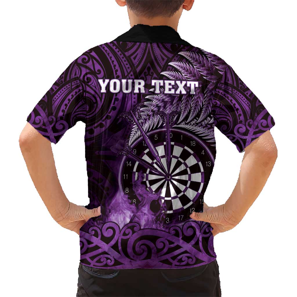 Personalised New Zealand Darts Family Matching Short Sleeve Bodycon Dress and Hawaiian Shirt Maori Koru Dartboard Purple Flame