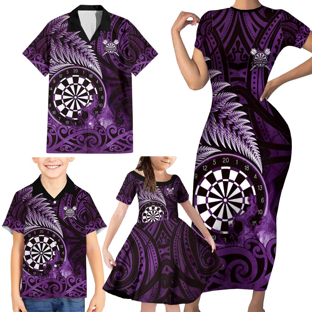 Personalised New Zealand Darts Family Matching Short Sleeve Bodycon Dress and Hawaiian Shirt Maori Koru Dartboard Purple Flame