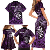 Personalised New Zealand Darts Family Matching Short Sleeve Bodycon Dress and Hawaiian Shirt Maori Koru Dartboard Purple Flame