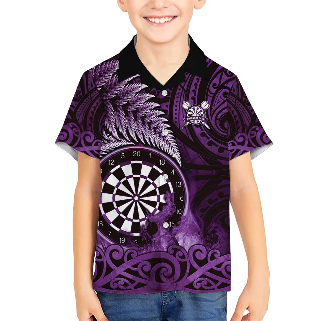 Personalised New Zealand Darts Family Matching Short Sleeve Bodycon Dress and Hawaiian Shirt Maori Koru Dartboard Purple Flame