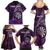 Personalised New Zealand Darts Family Matching Summer Maxi Dress and Hawaiian Shirt Maori Koru Dartboard Purple Flame