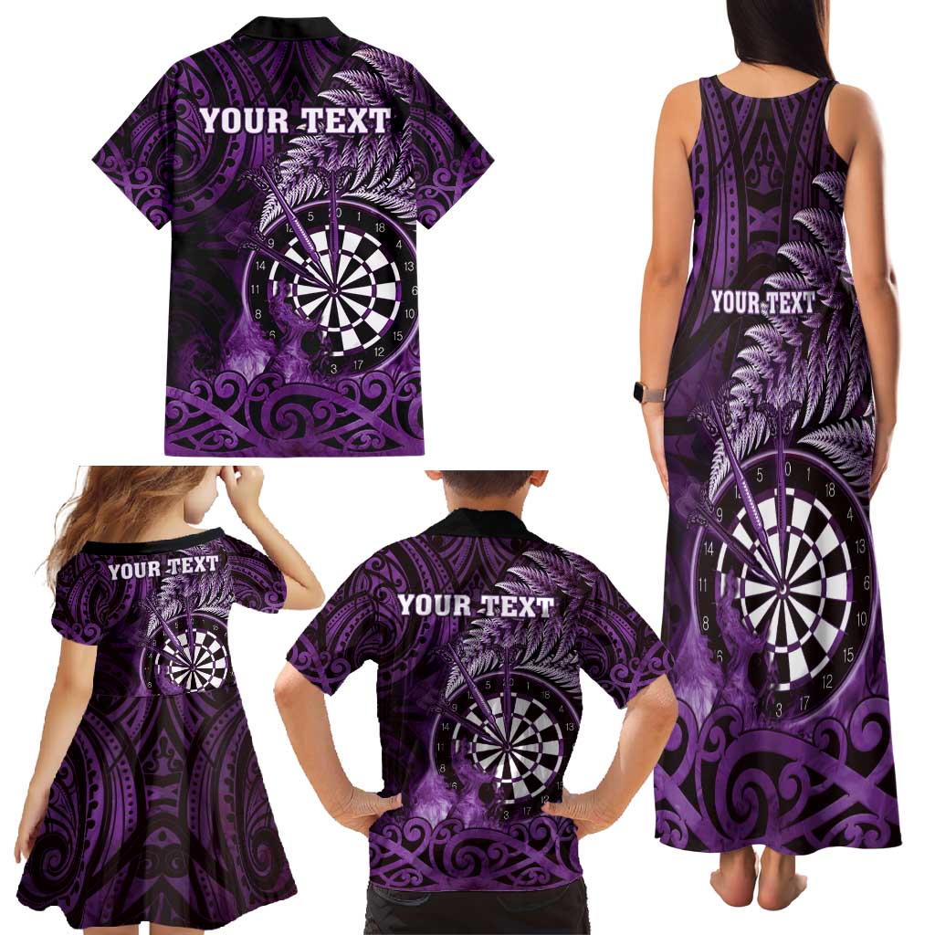 Personalised New Zealand Darts Family Matching Tank Maxi Dress and Hawaiian Shirt Maori Koru Dartboard Purple Flame