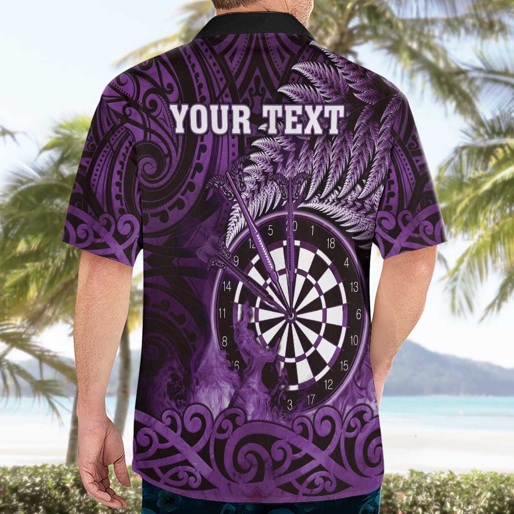 Personalised New Zealand Darts Hawaiian Shirt Maori Koru Dartboard Purple Flame