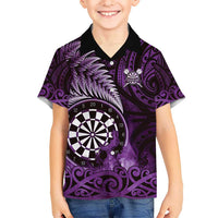 Personalised New Zealand Darts Hawaiian Shirt Maori Koru Dartboard Purple Flame