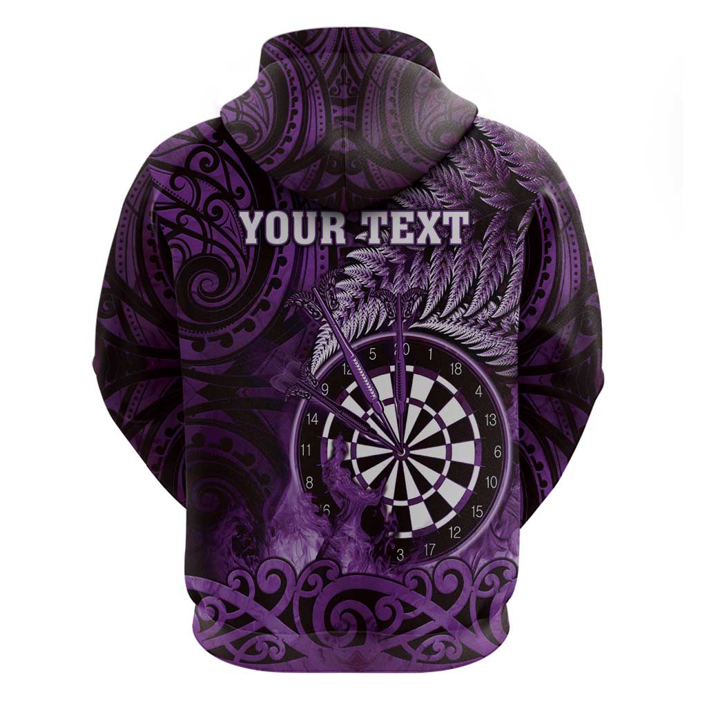 Personalised New Zealand Darts Hoodie Maori Koru Dartboard Purple Flame