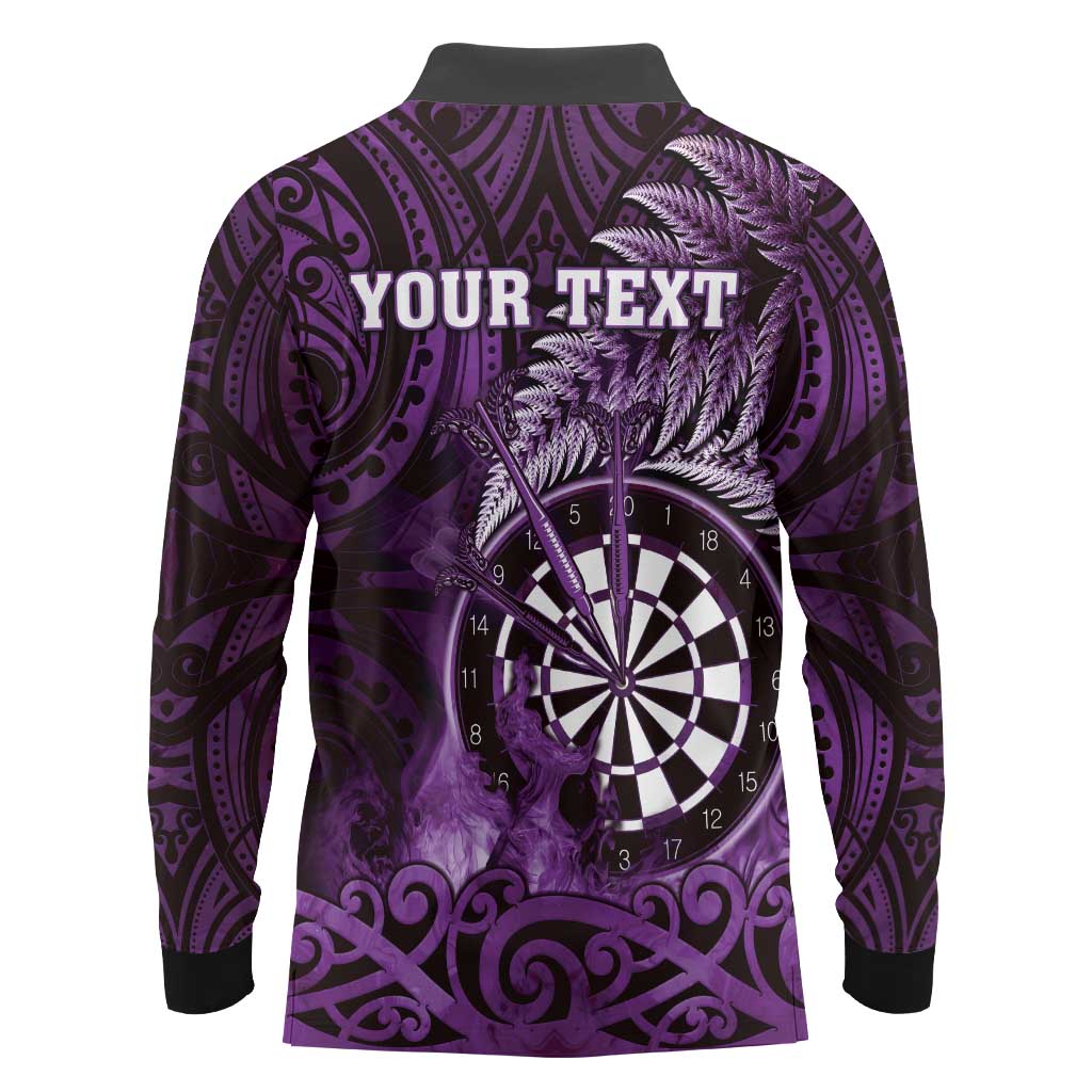 Personalised New Zealand Darts Long Sleeve Polo Shirt Maori Koru Dartboard Purple Flame