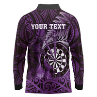 Personalised New Zealand Darts Long Sleeve Polo Shirt Maori Koru Dartboard Purple Flame