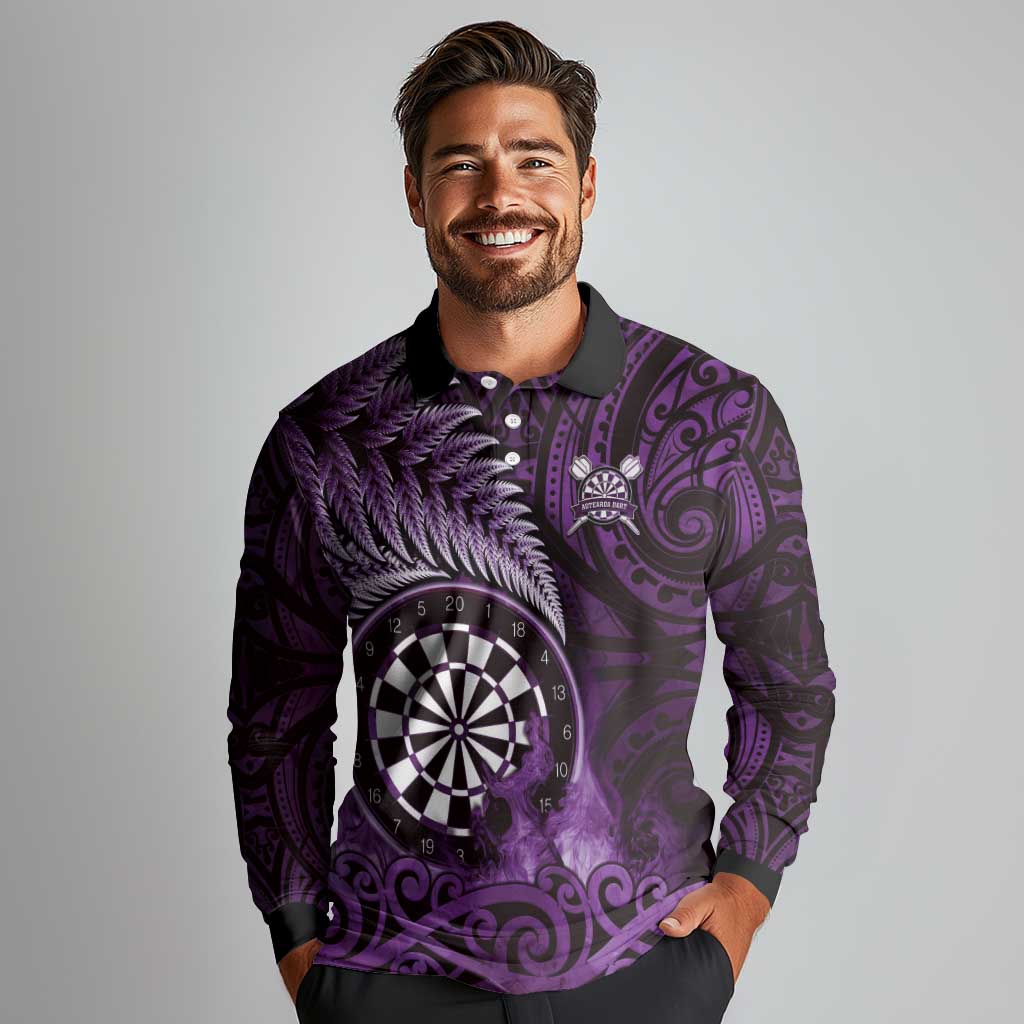 Personalised New Zealand Darts Long Sleeve Polo Shirt Maori Koru Dartboard Purple Flame