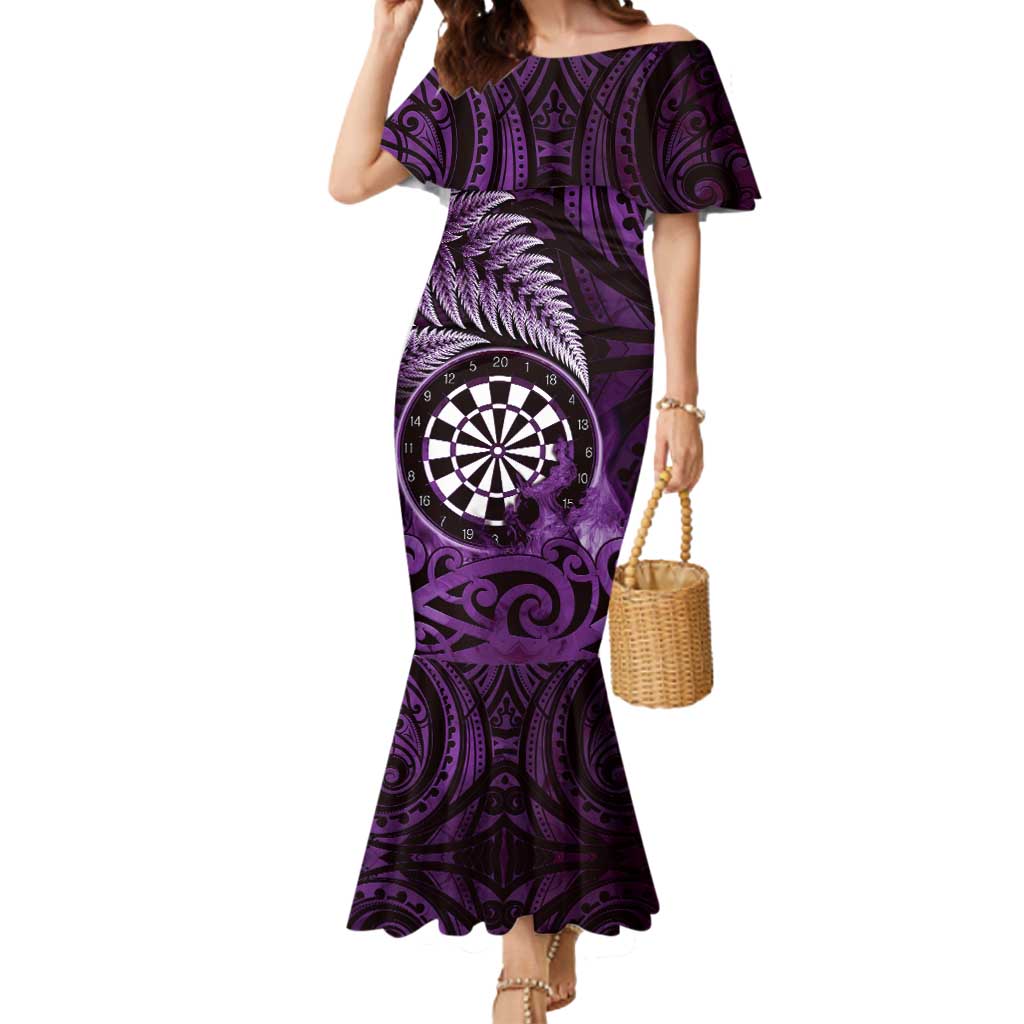 Personalised New Zealand Darts Mermaid Dress Maori Koru Dartboard Purple Flame