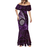 Personalised New Zealand Darts Mermaid Dress Maori Koru Dartboard Purple Flame
