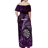Personalised New Zealand Darts Off Shoulder Maxi Dress Maori Koru Dartboard Purple Flame