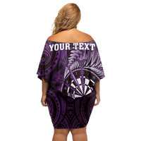 Personalised New Zealand Darts Off Shoulder Short Dress Maori Koru Dartboard Purple Flame