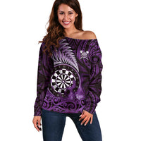 Personalised New Zealand Darts Off Shoulder Sweater Maori Koru Dartboard Purple Flame