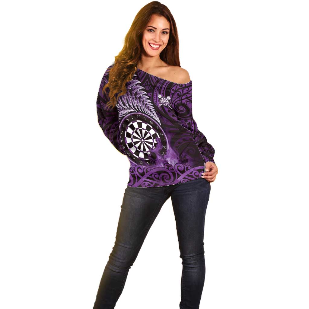 Personalised New Zealand Darts Off Shoulder Sweater Maori Koru Dartboard Purple Flame