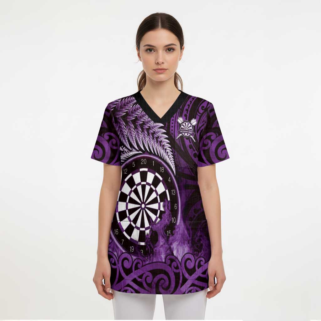 Personalised New Zealand Darts Scrub Top Maori Koru Dartboard Purple Flame - Polynesian Pride
