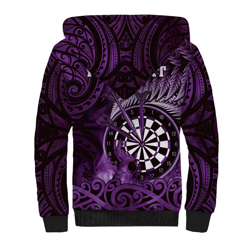 Personalised New Zealand Darts Sherpa Hoodie Maori Koru Dartboard Purple Flame
