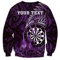 Personalised New Zealand Darts Sweatshirt Maori Koru Dartboard Purple Flame