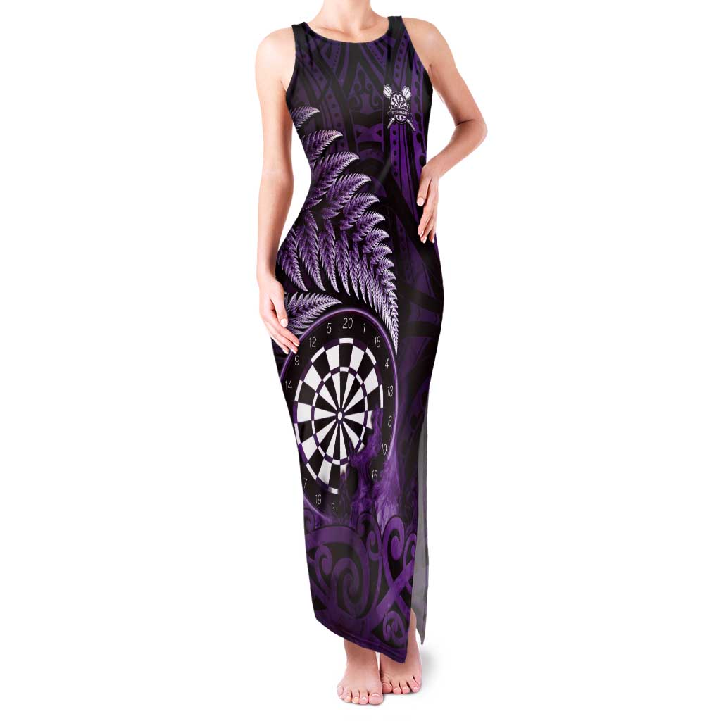 Personalised New Zealand Darts Tank Maxi Dress Maori Koru Dartboard Purple Flame