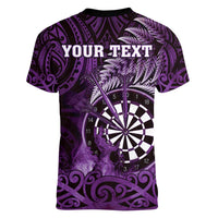 Personalised New Zealand Darts Women V-Neck T-Shirt Maori Koru Dartboard Purple Flame