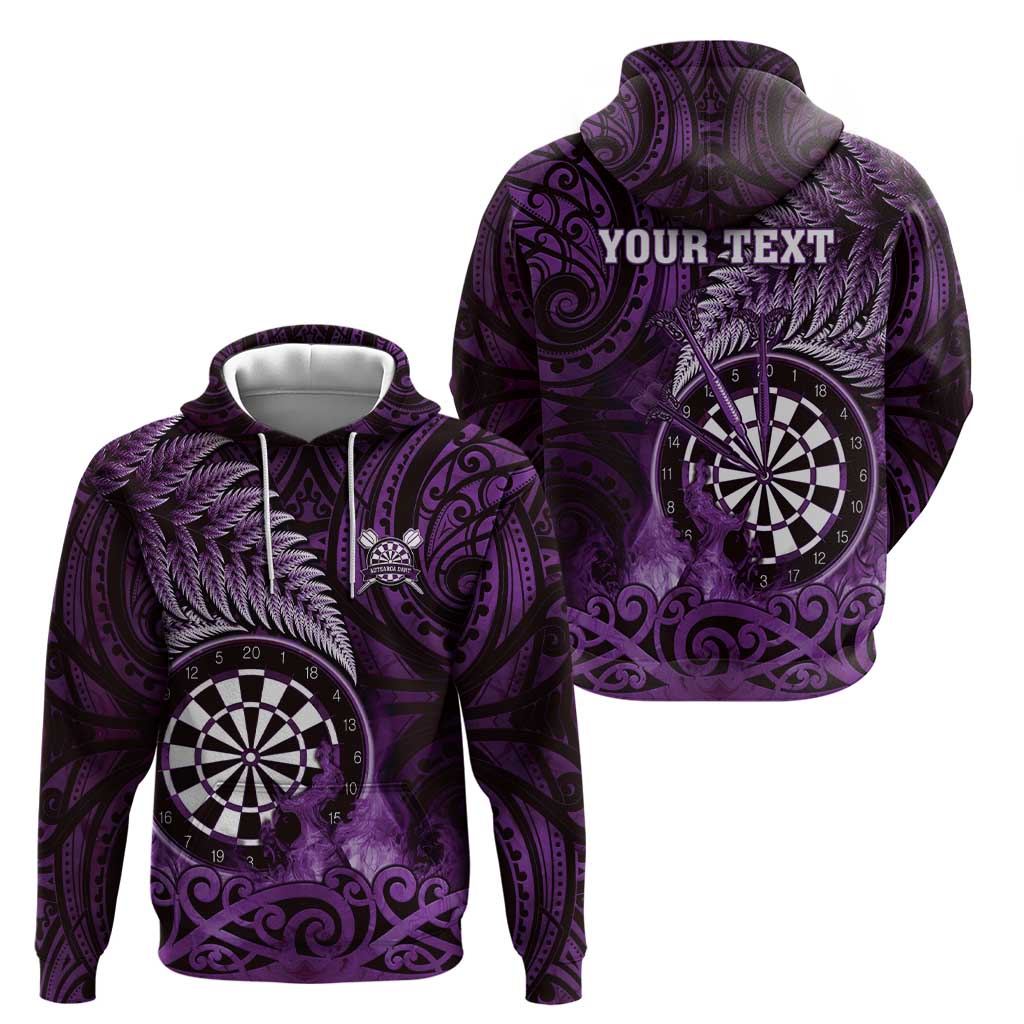 Personalised New Zealand Darts Zip Hoodie Maori Koru Dartboard Purple Flame