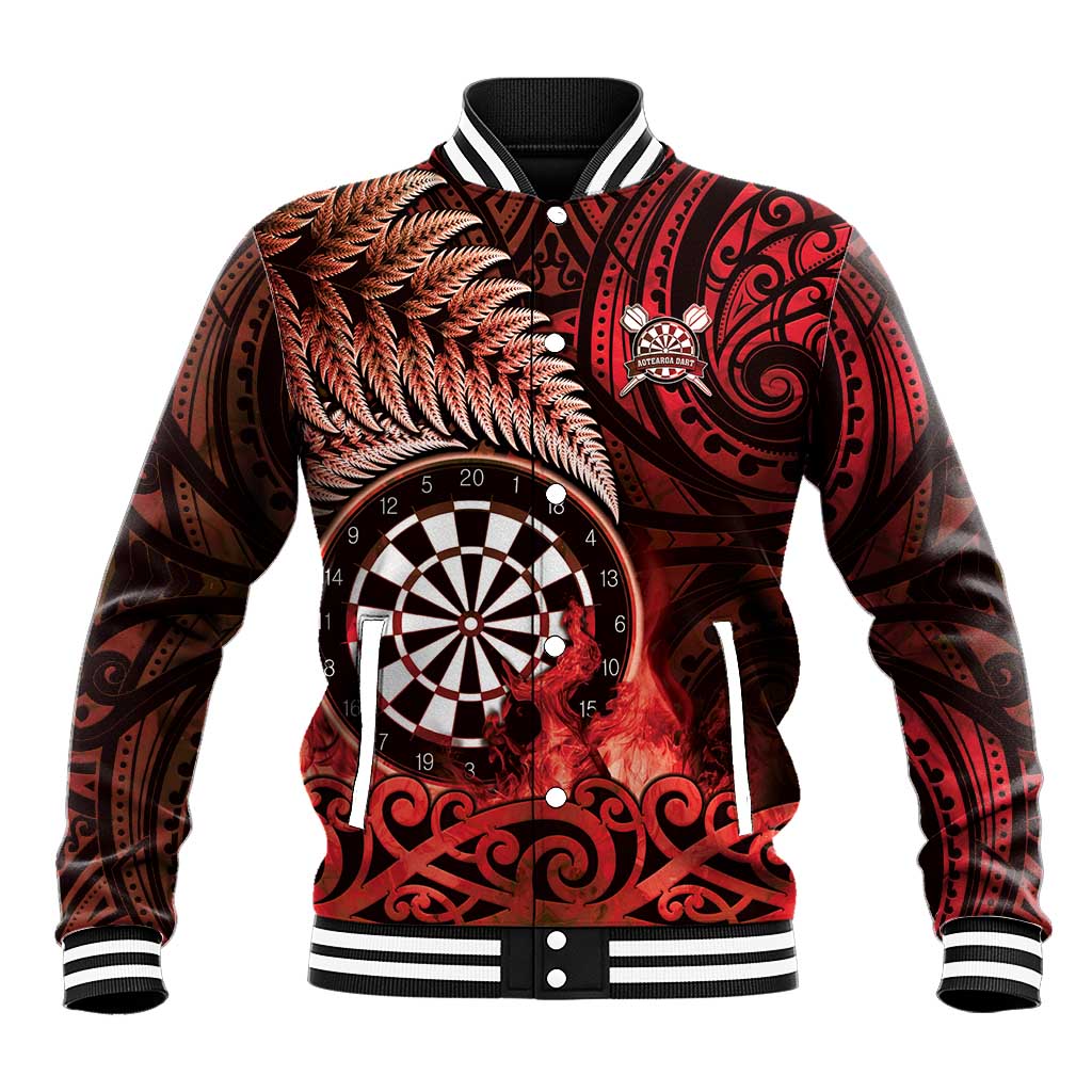 Personalised New Zealand Darts Baseball Jacket Maori Koru Dartboard Red Flame