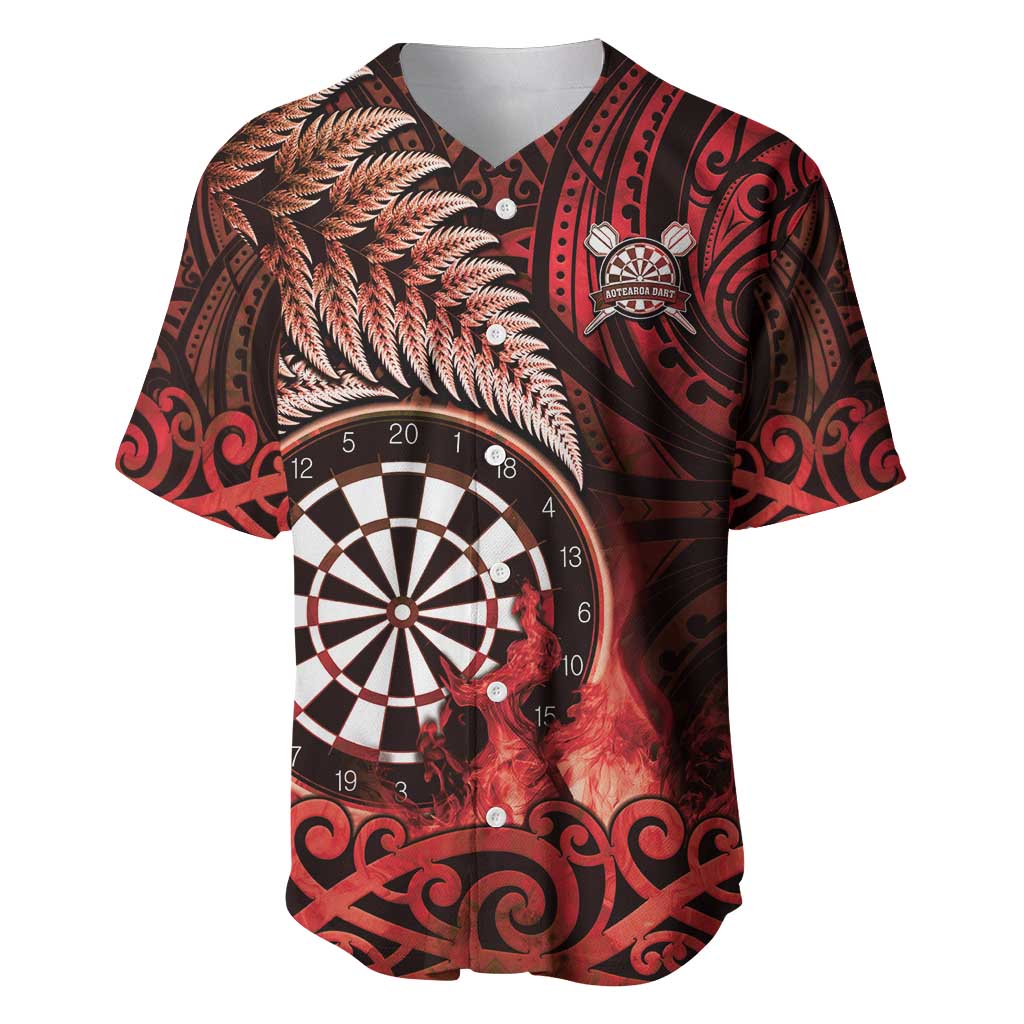 Personalised New Zealand Darts Baseball Jersey Maori Koru Dartboard Red Flame