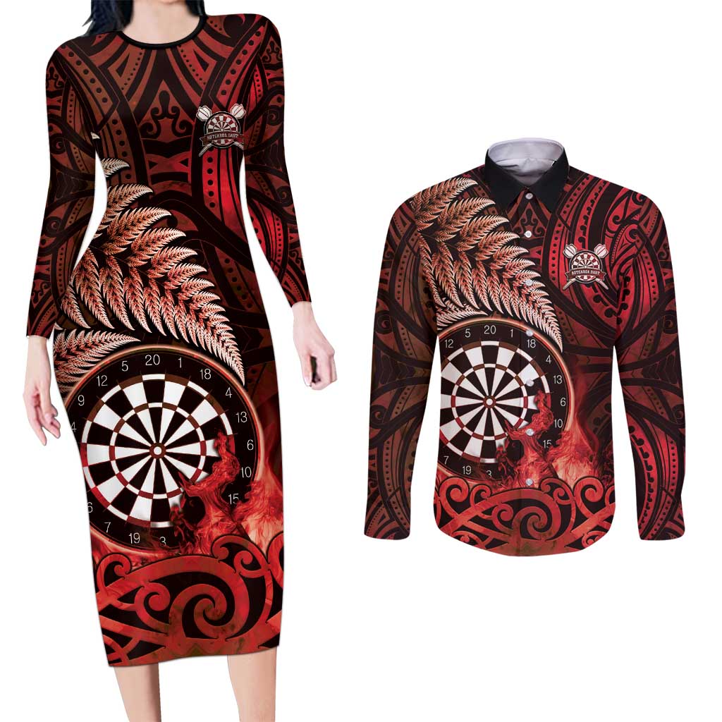Personalised New Zealand Darts Couples Matching Long Sleeve Bodycon Dress and Long Sleeve Button Shirt Maori Koru Dartboard Red Flame
