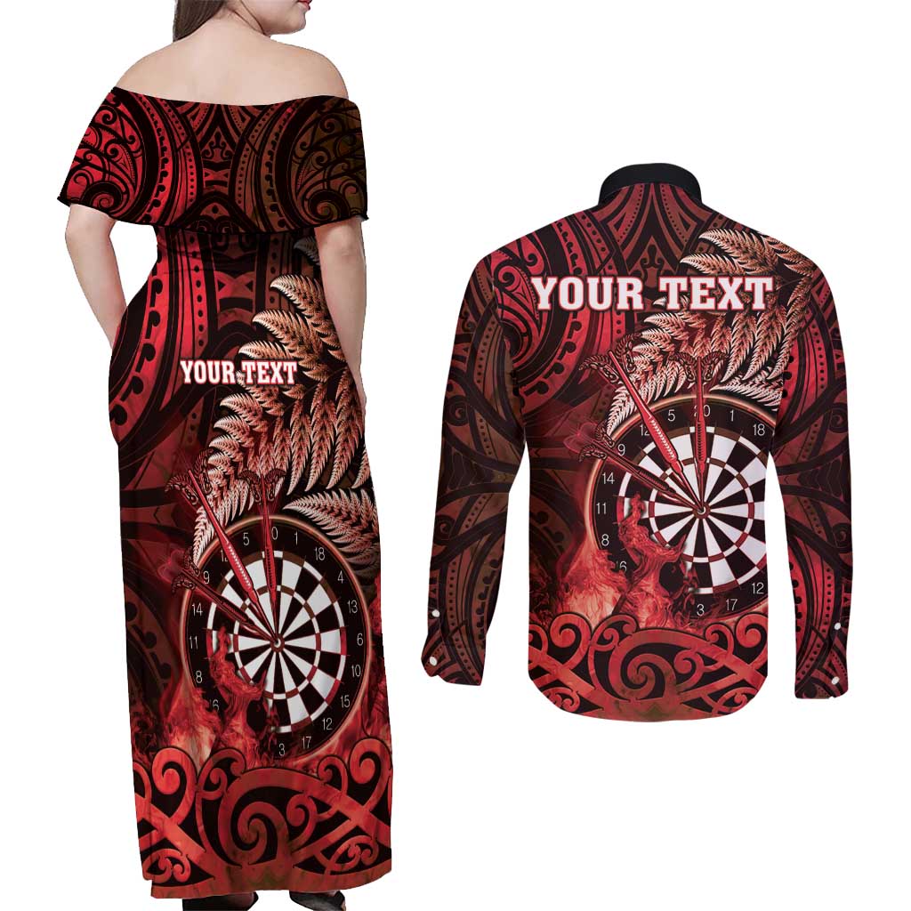Personalised New Zealand Darts Couples Matching Off Shoulder Maxi Dress and Long Sleeve Button Shirt Maori Koru Dartboard Red Flame