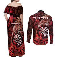 Personalised New Zealand Darts Couples Matching Off Shoulder Maxi Dress and Long Sleeve Button Shirt Maori Koru Dartboard Red Flame