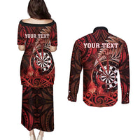 Personalised New Zealand Darts Couples Matching Puletasi and Long Sleeve Button Shirt Maori Koru Dartboard Red Flame