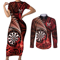 Personalised New Zealand Darts Couples Matching Short Sleeve Bodycon Dress and Long Sleeve Button Shirt Maori Koru Dartboard Red Flame