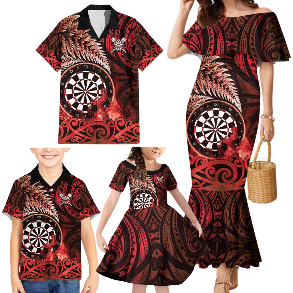 Personalised New Zealand Darts Family Matching Mermaid Dress and Hawaiian Shirt Maori Koru Dartboard Red Flame