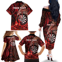 Personalised New Zealand Darts Family Matching Off The Shoulder Long Sleeve Dress and Hawaiian Shirt Maori Koru Dartboard Red Flame LT05 - Polynesian Pride
