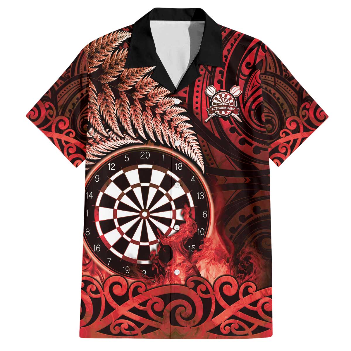 Personalised New Zealand Darts Family Matching Off The Shoulder Long Sleeve Dress and Hawaiian Shirt Maori Koru Dartboard Red Flame LT05 Dad's Shirt - Short Sleeve Red - Polynesian Pride