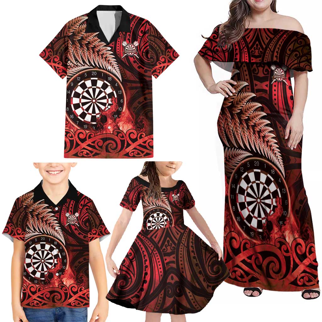 Personalised New Zealand Darts Family Matching Off Shoulder Maxi Dress and Hawaiian Shirt Maori Koru Dartboard Red Flame LT05 - Polynesian Pride