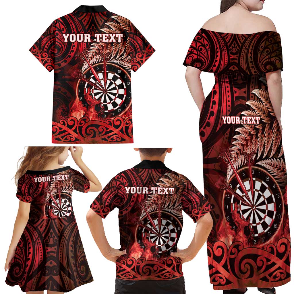 Personalised New Zealand Darts Family Matching Off Shoulder Maxi Dress and Hawaiian Shirt Maori Koru Dartboard Red Flame LT05 - Polynesian Pride