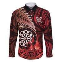 Personalised New Zealand Darts Family Matching Off Shoulder Maxi Dress and Hawaiian Shirt Maori Koru Dartboard Red Flame LT05 Dad's Shirt - Long Sleeve Red - Polynesian Pride