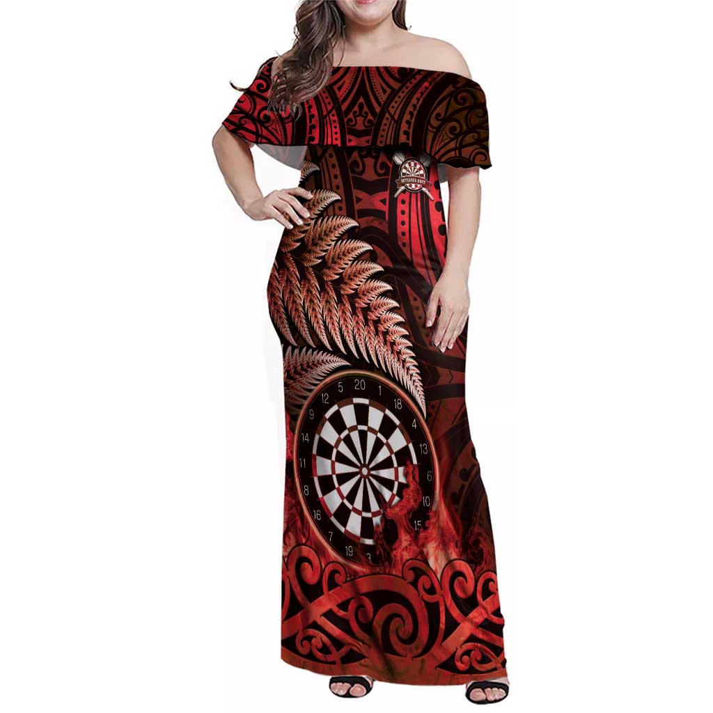 Personalised New Zealand Darts Family Matching Off Shoulder Maxi Dress and Hawaiian Shirt Maori Koru Dartboard Red Flame LT05 Mom's Dress Red - Polynesian Pride