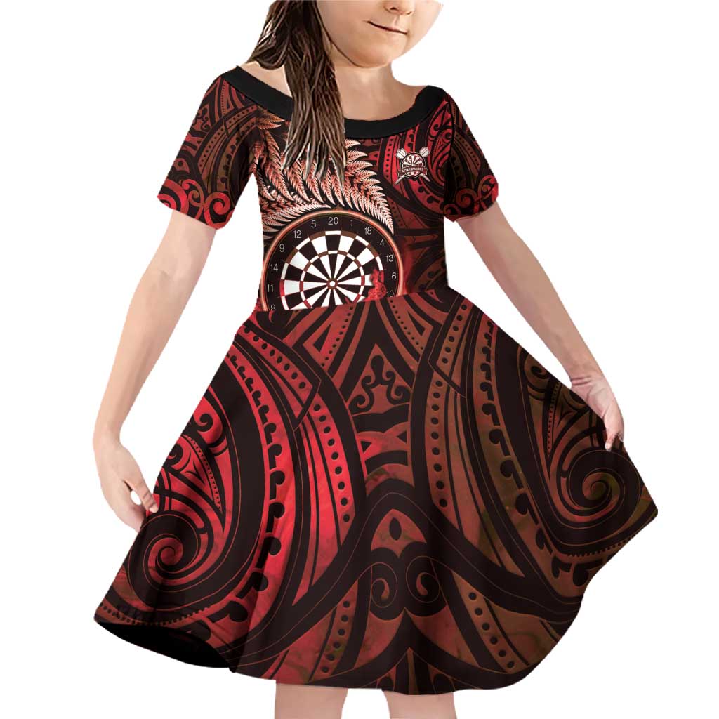 Personalised New Zealand Darts Family Matching Off Shoulder Short Dress and Hawaiian Shirt Maori Koru Dartboard Red Flame