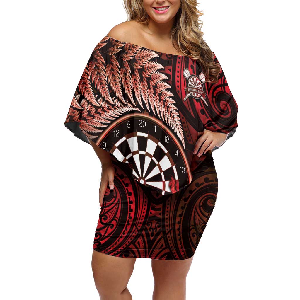 Personalised New Zealand Darts Family Matching Off Shoulder Short Dress and Hawaiian Shirt Maori Koru Dartboard Red Flame