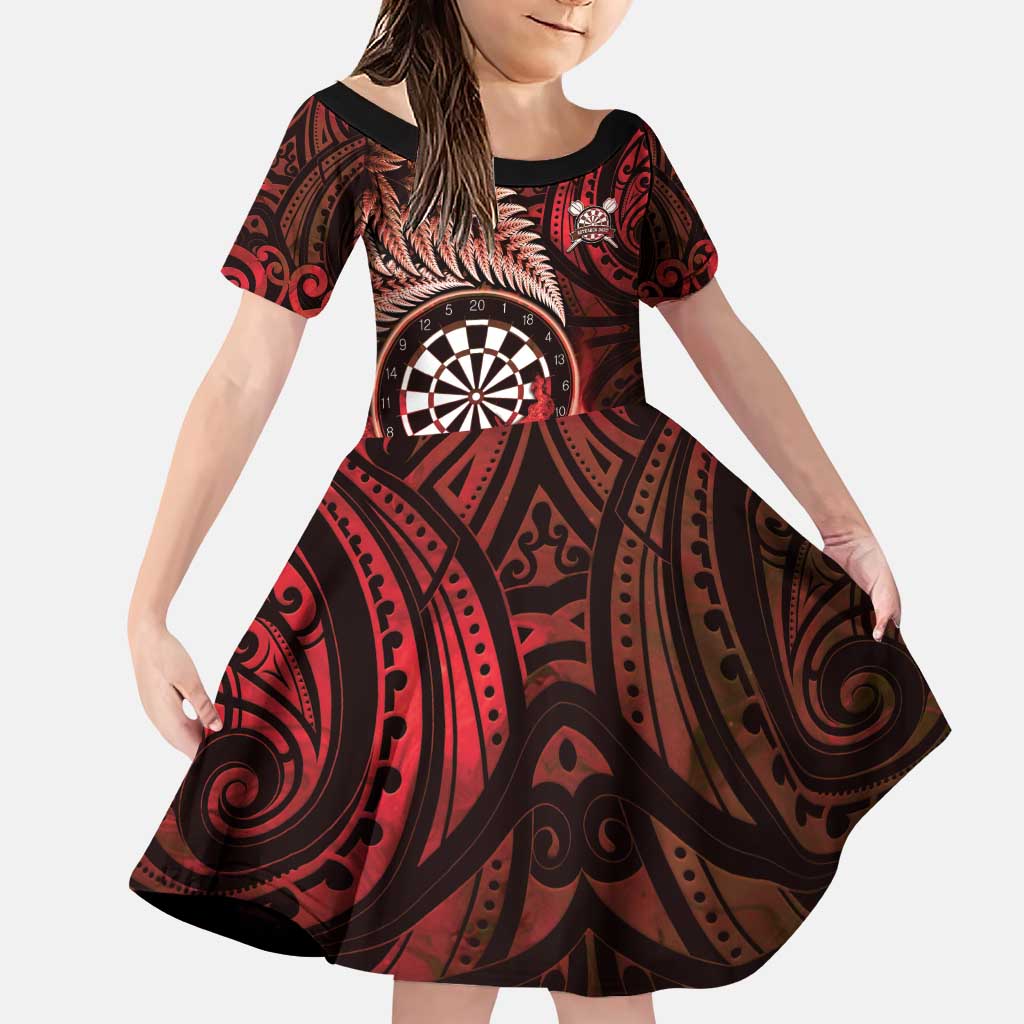 Personalised New Zealand Darts Family Matching Puletasi and Hawaiian Shirt Maori Koru Dartboard Red Flame LT05 Daughter's Dress Red - Polynesian Pride