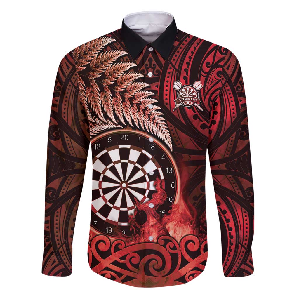 Personalised New Zealand Darts Family Matching Puletasi and Hawaiian Shirt Maori Koru Dartboard Red Flame LT05 Dad's Shirt - Long Sleeve Red - Polynesian Pride