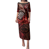 Personalised New Zealand Darts Family Matching Puletasi and Hawaiian Shirt Maori Koru Dartboard Red Flame LT05 Mom's Dress Red - Polynesian Pride