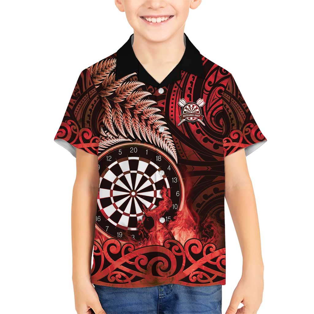Personalised New Zealand Darts Family Matching Puletasi and Hawaiian Shirt Maori Koru Dartboard Red Flame LT05 Son's Shirt Red - Polynesian Pride