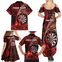 Personalised New Zealand Darts Family Matching Summer Maxi Dress and Hawaiian Shirt Maori Koru Dartboard Red Flame