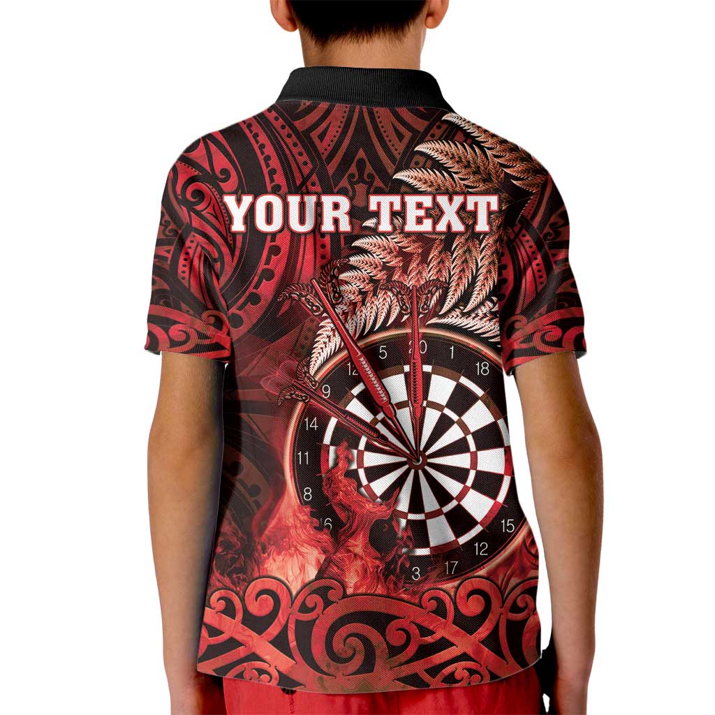Personalised New Zealand Darts Kid Polo Shirt Maori Koru Dartboard Red Flame