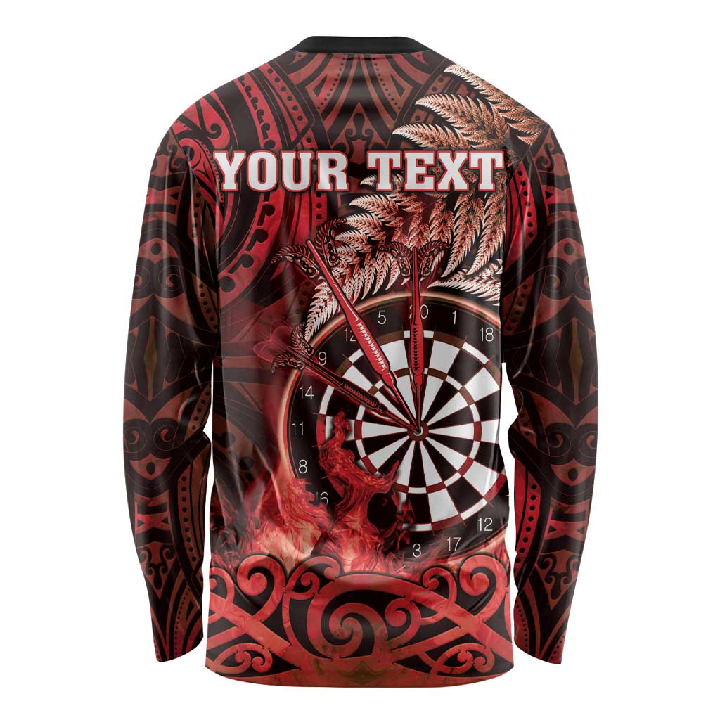 Personalised New Zealand Darts Long Sleeve Shirt Maori Koru Dartboard Red Flame