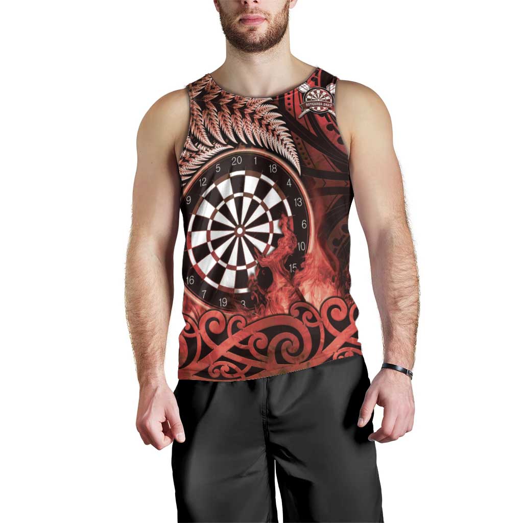Personalised New Zealand Darts Men Tank Top Maori Koru Dartboard Red Flame